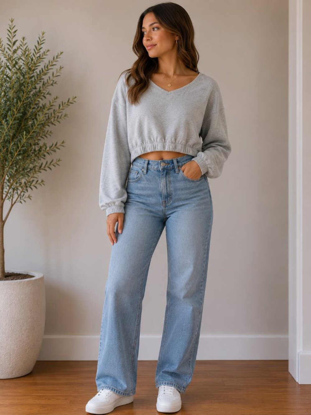 aerie Heather Gray Cropped V-Neck Sweatshirt
